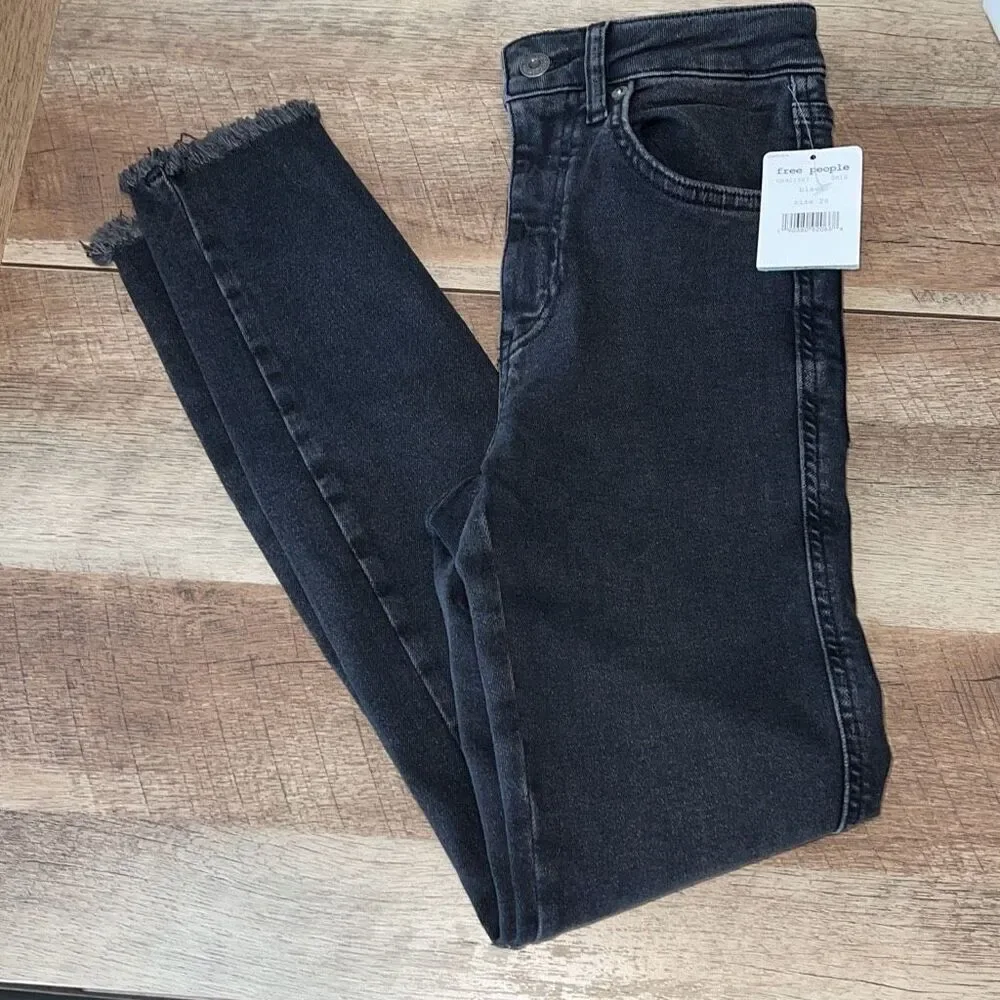 Free People Womens Fringe Hem Solid Cotton Blend Skinny Jeans Black‎ Size 26 NWT